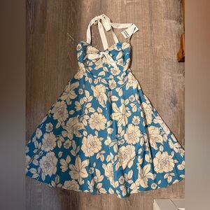 Unique Vintage Blue and White Floral Backless Dress